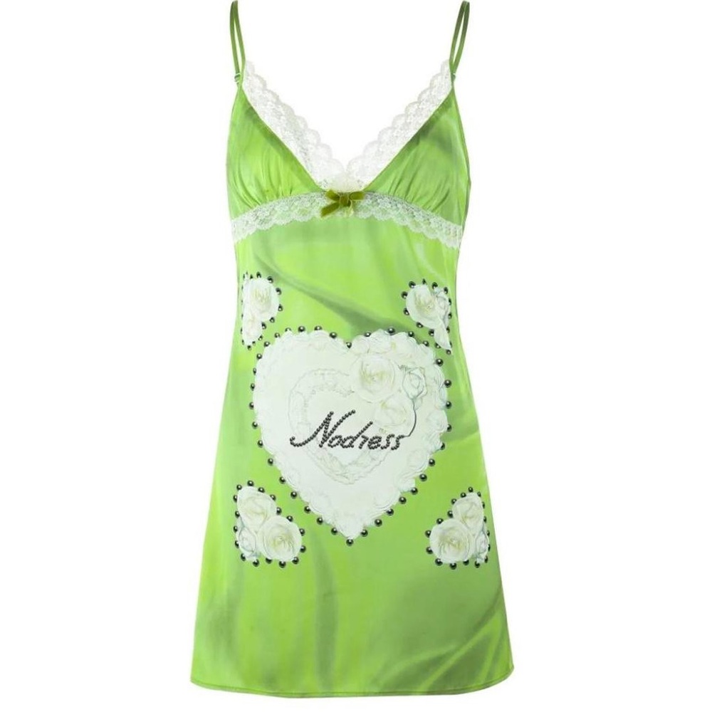 Nodress Birthday Cake Print Satin Slip Mini Dress in Light Green M Y2K
